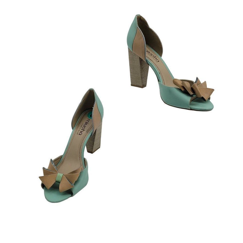 Miucha‎ Leather Heels 8 Mint Tan Retro D'Orsay Peep Toe Bow Block Heel Brazil